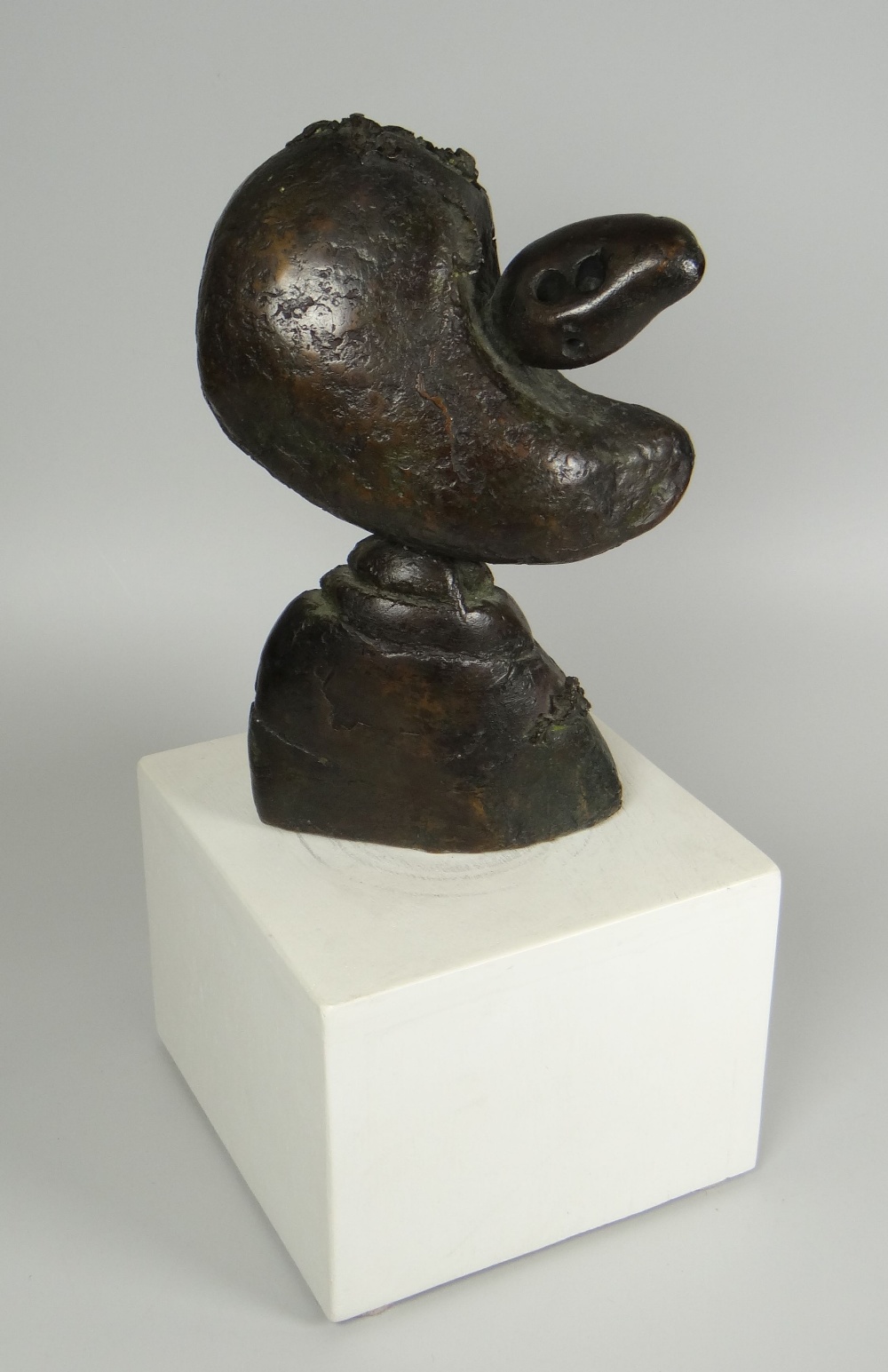 PETER BAILEY bronze - abstract hollow naturalistic form on wooden block pedestal, signed to the