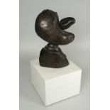 PETER BAILEY bronze - abstract hollow naturalistic form on wooden block pedestal, signed to the
