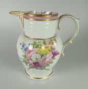 A FLORAL DECORATED PORCELAIN JUG BY THOMAS PARDOE the body with swirl fluting and with a wide