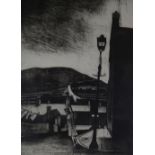 GEORGE CHAPMAN limited edition (22/50) etching print - figure crossing the street of a South Wales