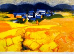 JOHN ELWYN signed print - yellow landscape with farmstead, signed in pencil, 40 x 54cms