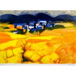 JOHN ELWYN signed print - yellow landscape with farmstead, signed in pencil, 40 x 54cms