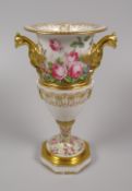 A RARE SWANSEA PORCELAIN VASE having a flared neck, twin gryphon handles & a waisted stem over an