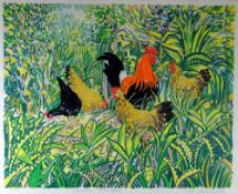 ALEX WILLIAMS limited edition (41/150) colour print - colourful study of hens amongst undergrowth,