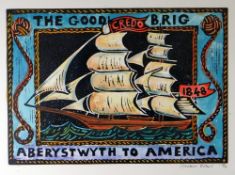 STUART EVANS screen print - illustration of the nineteenth century two-masted passenger sailing-ship