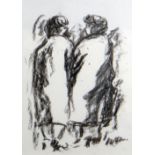 WILL ROBERTS charcoal - two standing female figures in long coats, signed with initials, 27 x 20cms