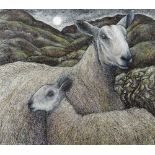 SEREN BELL pen ink and crayon - two sheep in moonlit landscape, entitled 'Blue Remembered Faces', 29