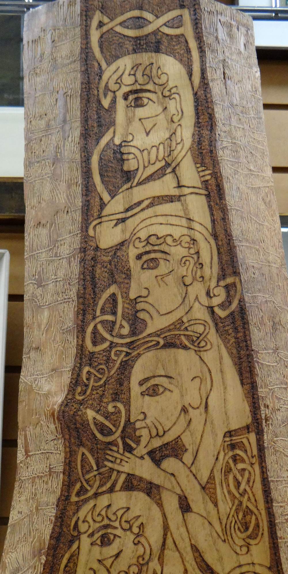 LESLEY LANMAN wood carved panel with poker-work - series of heads and bodies intertwining with - Image 2 of 3