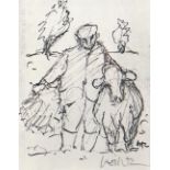 WILL ROBERTS pencil - farmer with cow, signed, 13.5 x 10cms