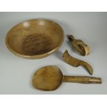 A PARCEL OF WELSH FARMHOUSE TREEN comprising small dairy-bowl, 26cms diam, butter-paddler, butter