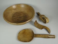 A PARCEL OF WELSH FARMHOUSE TREEN comprising small dairy-bowl, 26cms diam, butter-paddler, butter
