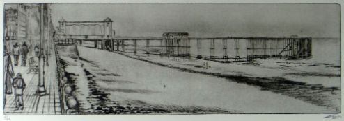EURFYN LEWIS limited edition (2/25) etching - figures on Penarth promenade with pier, signed and