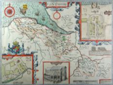 JOHN SPEED coloured antiquarian map - Flintshire with three cartouches, 41 x 51cms