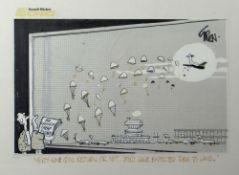GRENFELL `GREN` JONES MBE (1934-2007) original cartoon drawing - airport with parachutes
