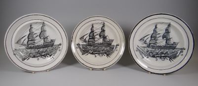 THREE MATCHING DILLWYN SWANSEA PEARLWARE PLATES printed in black transfer with sailors at sea on a