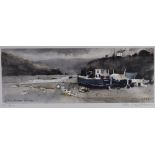 JOHN KNAPP FISHER limited edition (180/500) print - moored fishing boats in estuary at low tide with