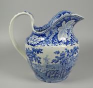 A SWANSEA CAMBRIAN POTTERY BLUE & WHITE TRANSFER JUG having a wide elongated spout, the transfer