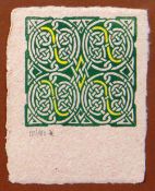 UNKNOWN limited edition (181/450) print - Celtic motif in green and yellow, monogrammed, 9 x 7cms