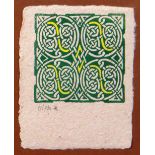 UNKNOWN limited edition (181/450) print - Celtic motif in green and yellow, monogrammed, 9 x 7cms