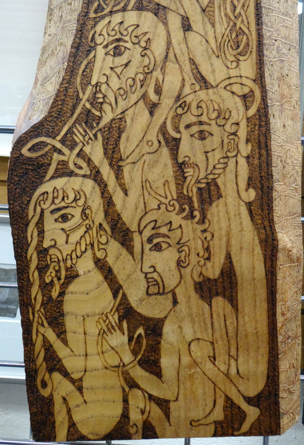 LESLEY LANMAN wood carved panel with poker-work - series of heads and bodies intertwining with - Image 3 of 3