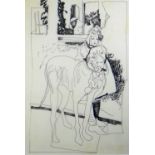 JOHN UZZELL EDWARDS pen and ink drawing - young girl with a large dog, 29 x 20cms