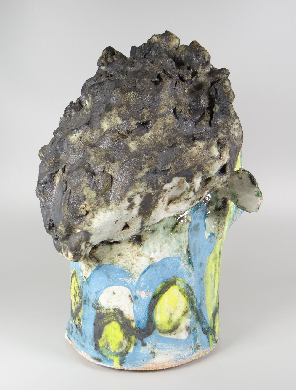 MARY JONES pottery and imbedded shards of crockery with paint - head and neck bust, signed, 32cms - Image 2 of 3