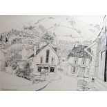 TOM HUTCHINSON pen & ink drawing for a series of prints - the town of Porth, South Wales,