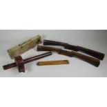 A PARCEL OF TREEN TOOLS comprising pair of spoke-shaves, beech-wood and brass spirit level,