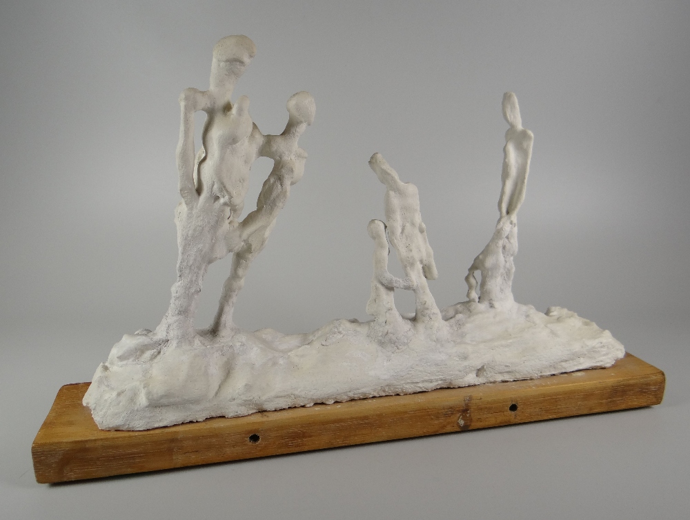 ROGER CECIL plaster / chalk on wooden base - groups of figures, entitled 'To Be Humble in the