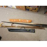 Quantity of snooker cues, walking sticks etc