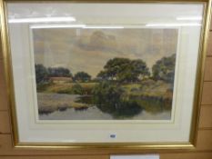 Unsigned watercolour - riverscape with woodland and farm to the background