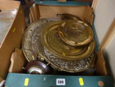 Quantity of repousse brass display chargers etc