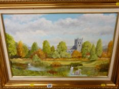 RENA M EDGAR gilt framed oil on canvas - village pond with swans, with church and grounds to the