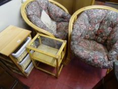 Pair of conservatory chairs, small side shelf and a three shelf wicker basket unit