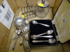 Parcel of mainly electroplate including toast rack, cased set of teaspoons etc