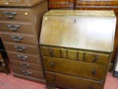 Narrow chest of seven drawers and a writing bureau