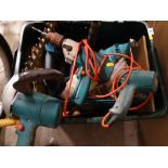 Tub of assorted power tools and similar items E/T
