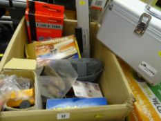 Box of mainly garage and household items including headphones, household electrics etc
