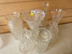 Heavy quality glass vases, two decanters, glass jug etc