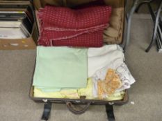 Vintage suitcase containing quantity of linen, blankets etc