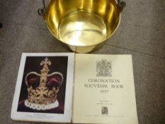 Brass jam pan with iron handle and a Coronation souvenir book