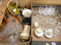 Two boxes of mixed porcelain, glassware and household items