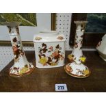 Pair of Masons 'Brown Velvet' candlesticks and a lidded tea caddy