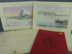 Two Emirates Airline prints in mounts and an architectural and general description of the Town Hall,