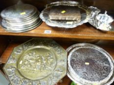 EP ware including trays, coasters etc and a pair of repousse brass wall chargers