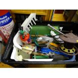 Crate of garden and other small hand tools and two fire extinguishers