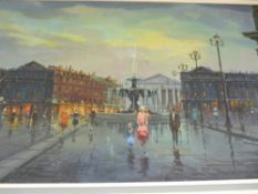 NISA framed oil on canvas - city centre at dusk with people near a central fountain