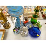 Victorian blue glass lustre, Caithness paperweight etc