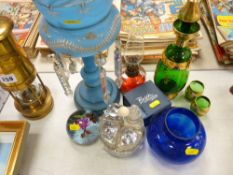 Victorian blue glass lustre, Caithness paperweight etc