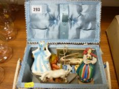 Vintage sewing basket and contents including figures, badges, brooches etc